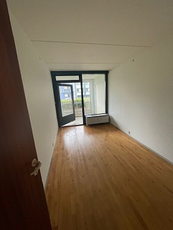 An empty room with light wooden flooring and a large glass door leading to a balcony, with white walls.