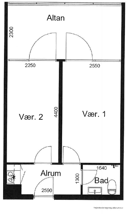 A 2D floorplan of an apartment showing a balcony, two rooms, a bathroom, and an entrance/living area.