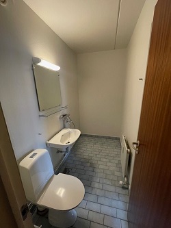 A small bathroom with a white toilet, a wall-mounted sink, a mirror, and grey tiled floor.