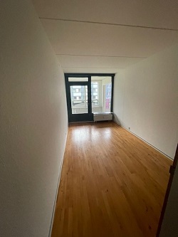 An empty room with wooden floorboards and a large glass door leading to an outdoor area, likely the living room.