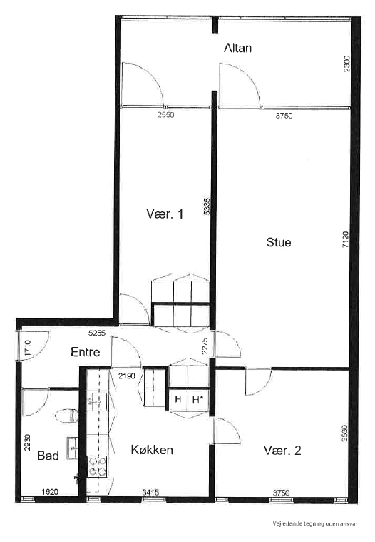 2D floor plan of an apartment showing two bedrooms, a living room, kitchen, bathroom, entrance, hallway, storage, and a balcony with dimensions in millimeters.