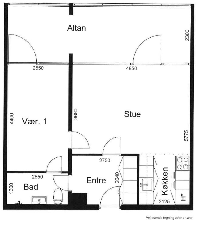 A 2D floor plan of a two-room apartment showing a living room, kitchen, bedroom, bathroom, entrance hall, and balcony.