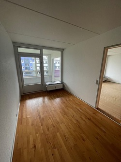 A room with light wood flooring, white walls, and a glass door leading to an enclosed balcony.
