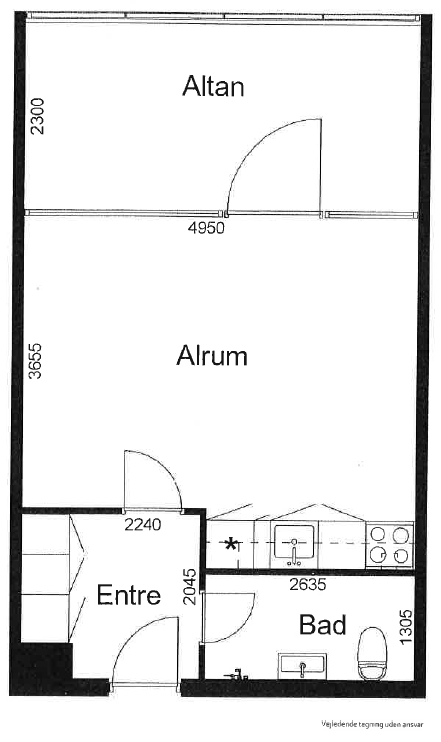 2D floor plan of an apartment showing a combined living/sleeping area, entrance, bathroom, and balcony with dimensions.
