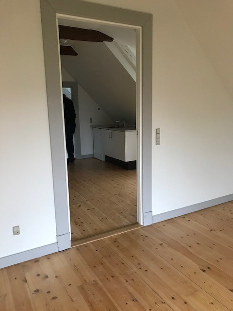 Dveře se šedým rámem vedou z místnosti s dřevěnou podlahou do další místnosti, kde je vidět malý kuchyňský kout.