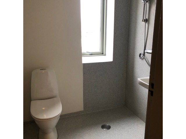 A bathroom with a toilet, a shower area with a small sink, and a window.