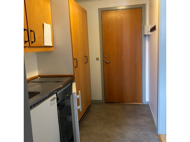 Ceantar dlúth cistine le caibinéid adhmaid, doirteal, agus oigheann beag, in aice le doras isteach.