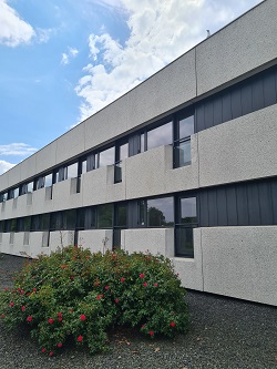 Exterior view of a modern building with a concrete facade, dark windows, and a green bush in the foreground.