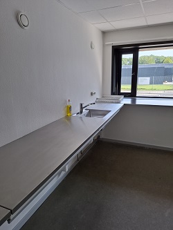 A long stainless steel countertop with a sink and faucet, next to a window, in a utility or kitchen area.