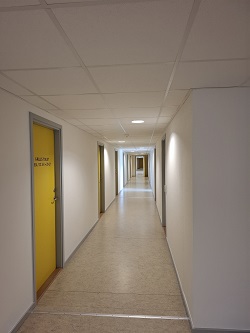 A long, brightly lit hallway with multiple doors, one of which is yellow, leading into the distance.