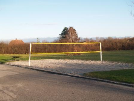 Kollase võrguga liivavõrkpalli väliväljak, ümbritsetud muru ja puudega selge taeva all.
